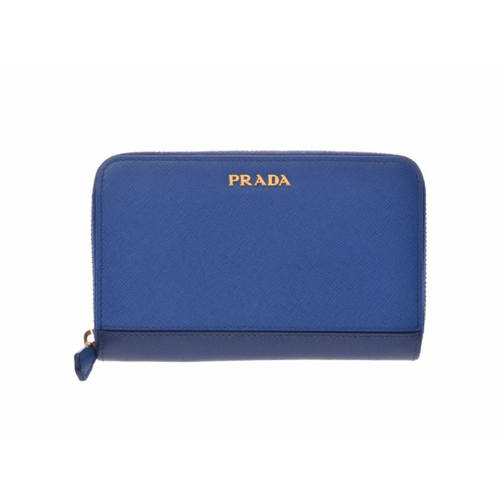 Prada round zipper wallet Saffiano leather blue card